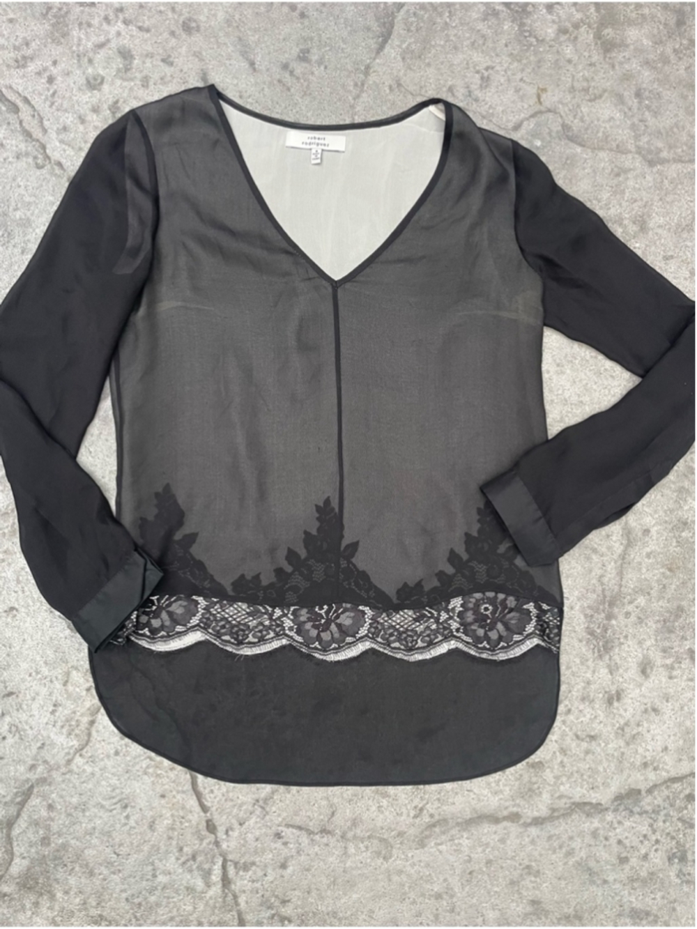 Robert Rodriguez Silk Layered Blouse Black Ivory Double Layer Lace Hem - Picture 2 of 7